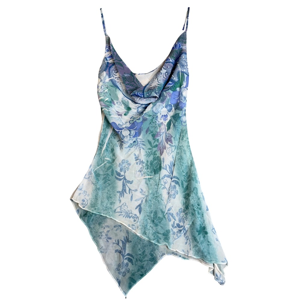 Vintage Y2K Blue Fairy Cowl Neck Asymmetrical Floral Cami S Ethereal Chiffon Top